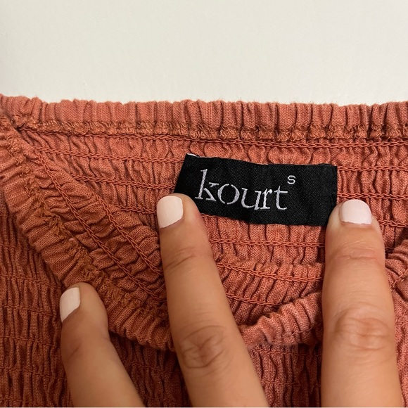 Kourt Portia Linen Flax Rust Burnt Orange Smocked Puff Sleeve Mini Dress Sz S - Picture 10 of 11